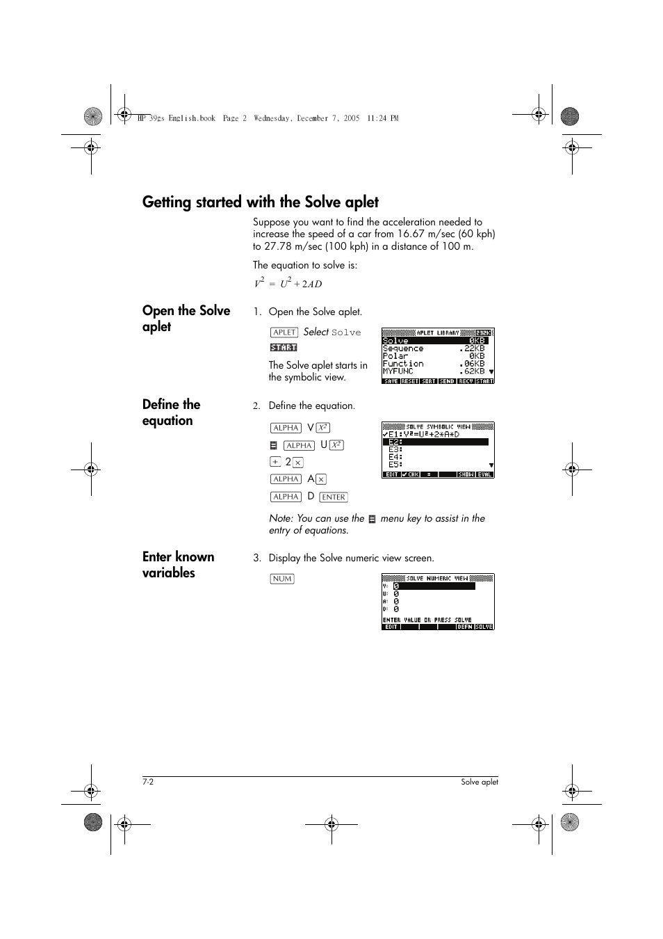 Getting started with the solve aplet, Open the solve aplet, Define the equation | Enter known variables | HP 39gs User Manual | Page 86 / 314