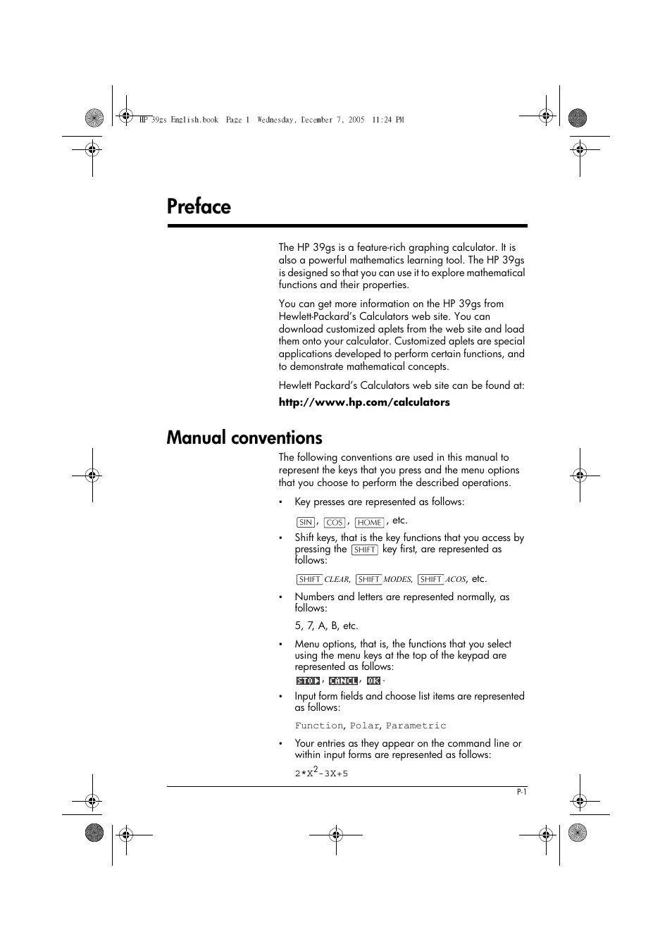 Preface, Manual conventions | HP 39gs User Manual | Page 9 / 314