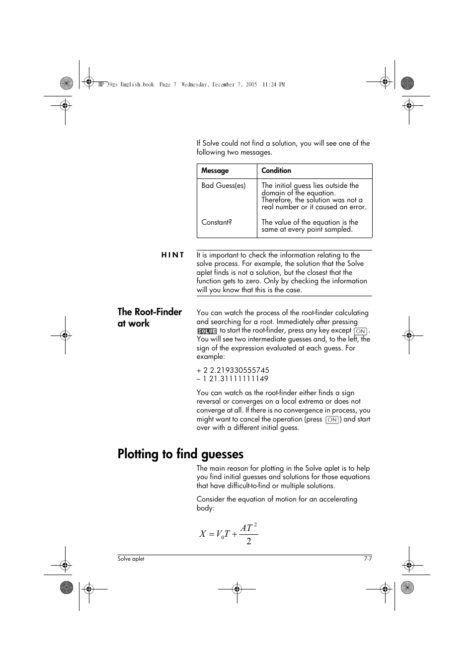 Plotting to find guesses, The root-finder at work, At t v x | HP 39gs User Manual | Page 91 / 314