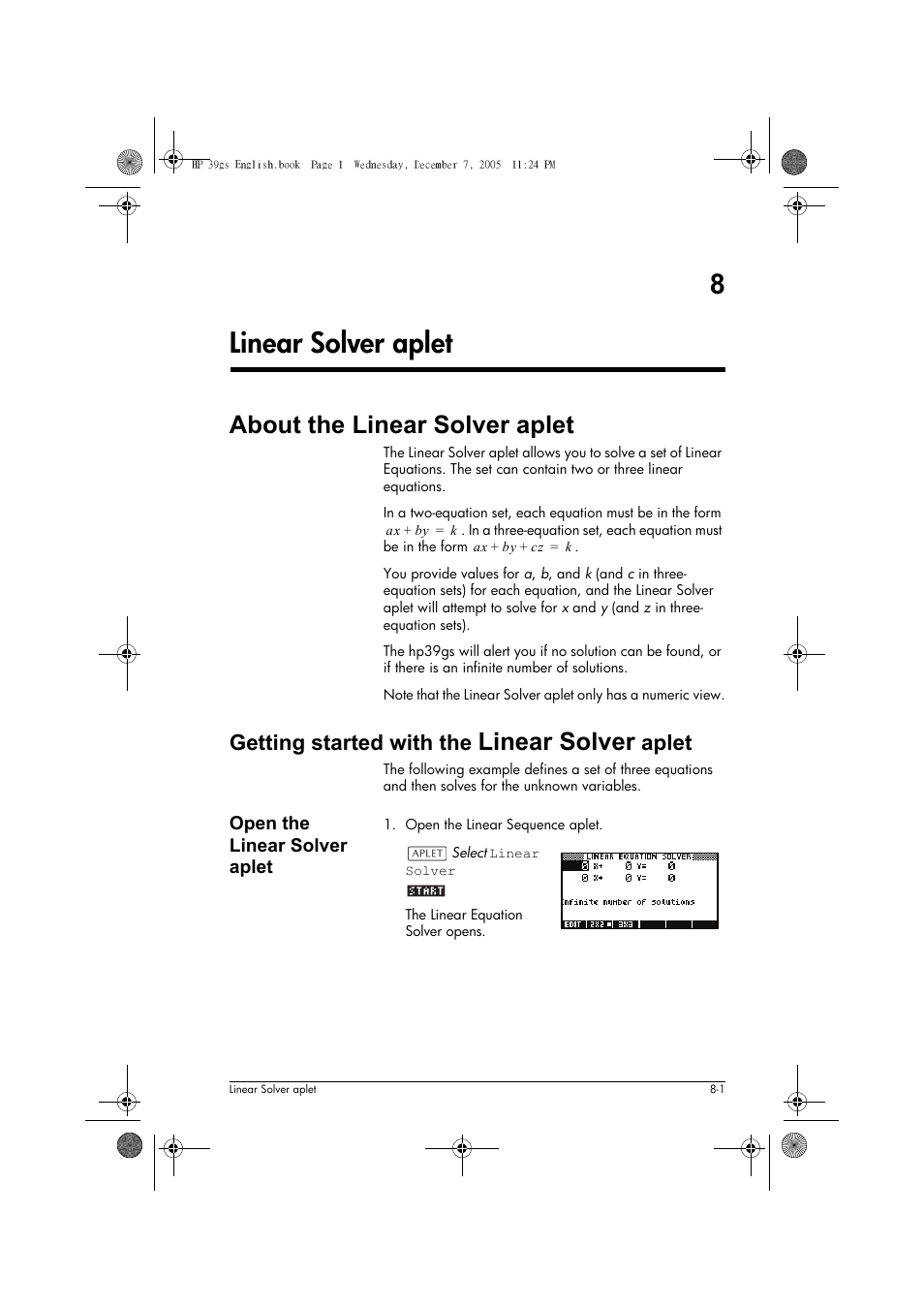 Linear solver aplet, About the linear solver aplet, Getting started with the linear solver aplet | 8linear solver aplet, Linear solver, Getting started with the, Aplet | HP 39gs User Manual | Page 95 / 314