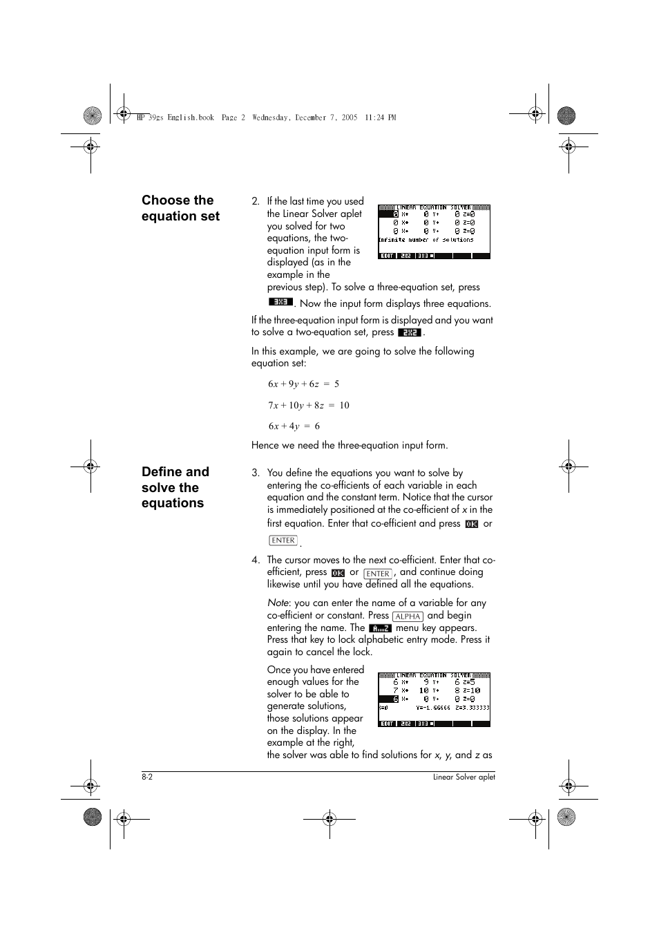 Choose the equation set, Define and solve the equations | HP 39gs User Manual | Page 96 / 314