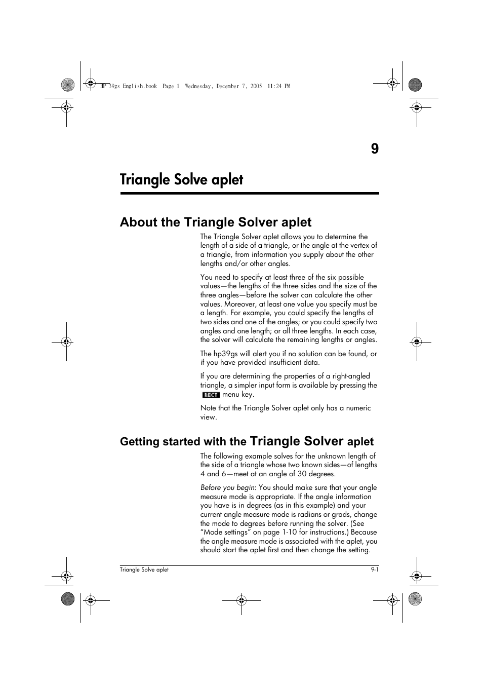 Triangle solve aplet, About the triangle solver aplet, Getting started with the triangle solver aplet | 9triangle solve aplet, Triangle solver, Getting started with the, Aplet | HP 39gs User Manual | Page 99 / 314