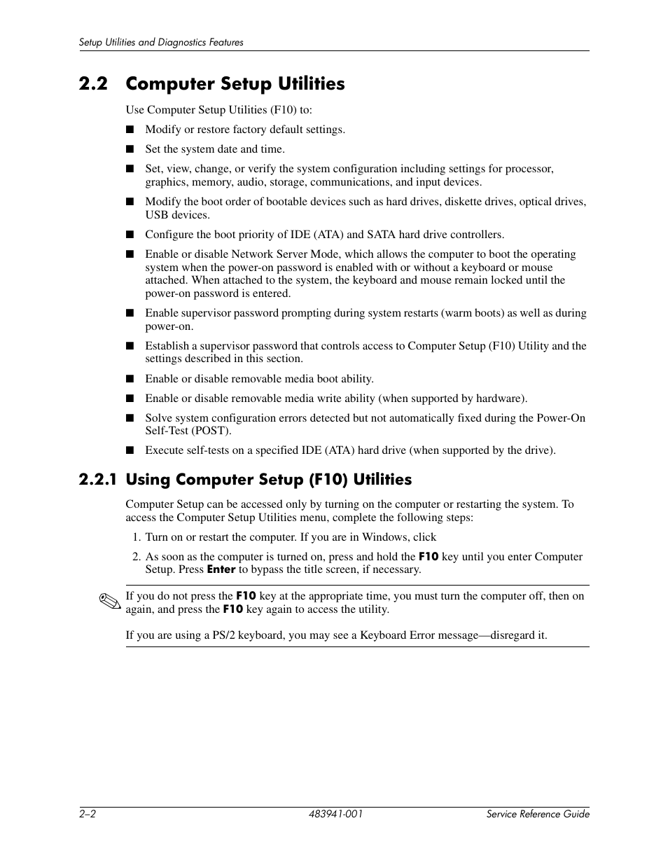 2 computer setup utilities, 1 using computer setup (f10) utilities | HP COMPAQ DX2718 MT User Manual | Page 10 / 107