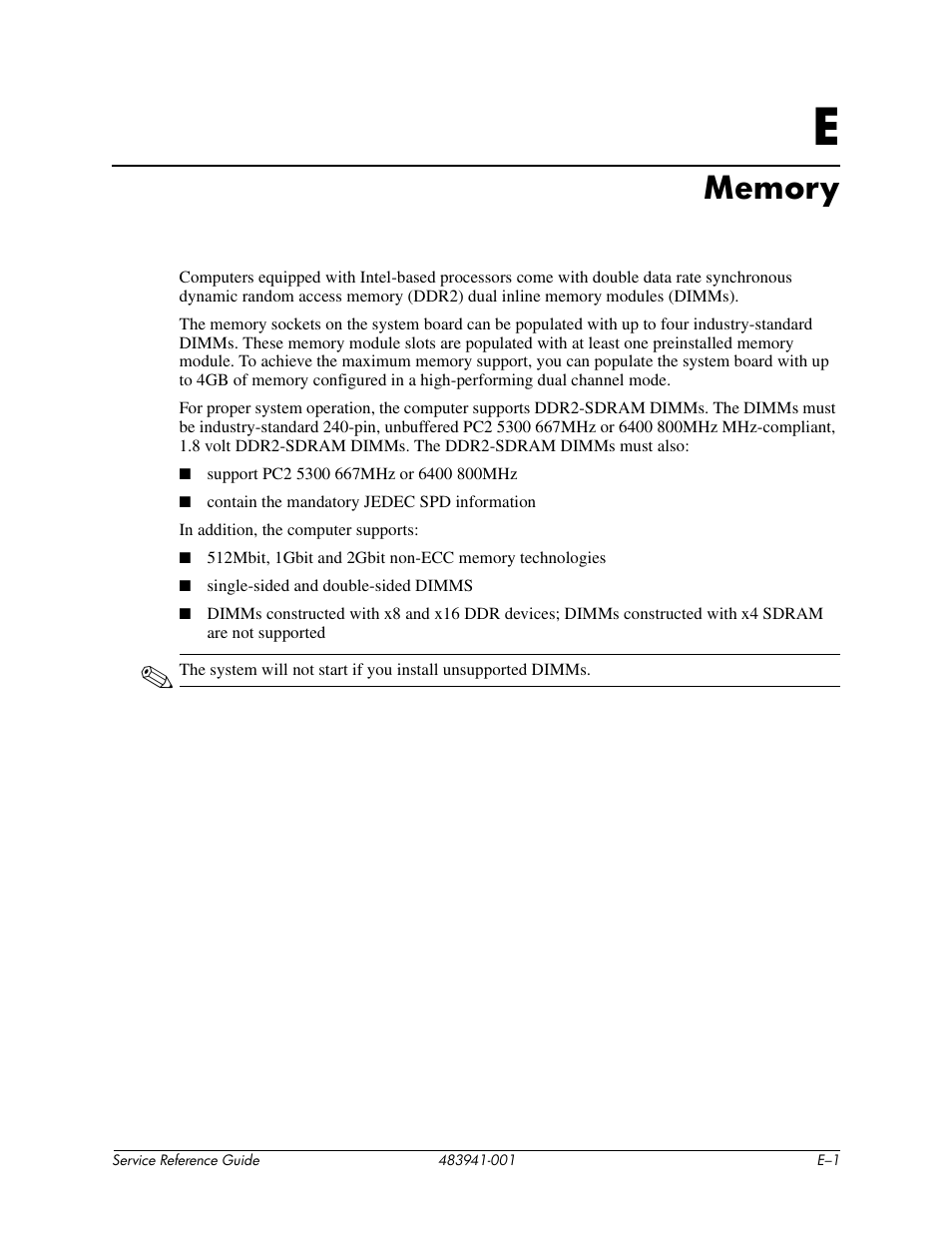 Memory, E memory, Appendix e, “memory | HP COMPAQ DX2718 MT User Manual | Page 107 / 107