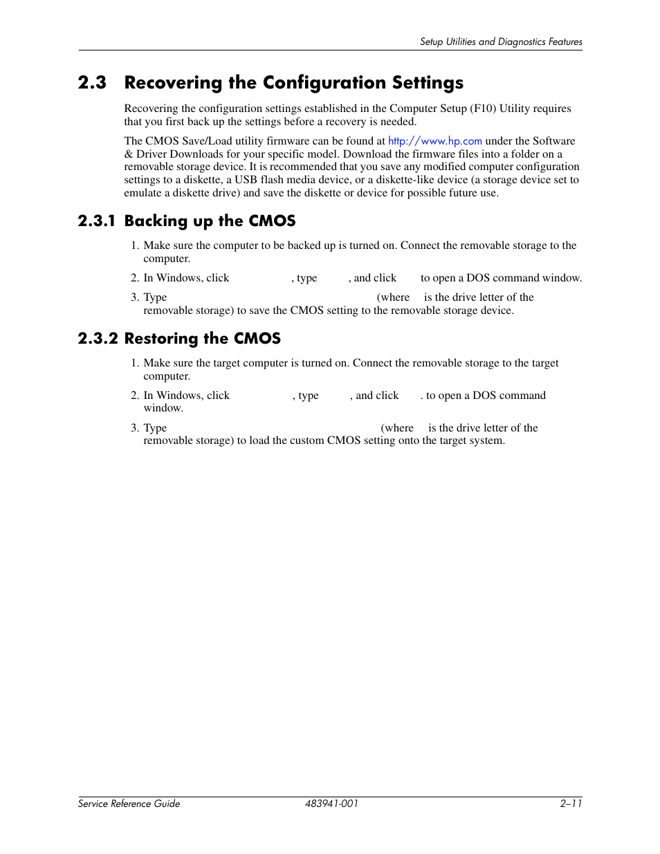 3 recovering the configuration settings, 1 backing up the cmos, 2 restoring the cmos | HP COMPAQ DX2718 MT User Manual | Page 19 / 107