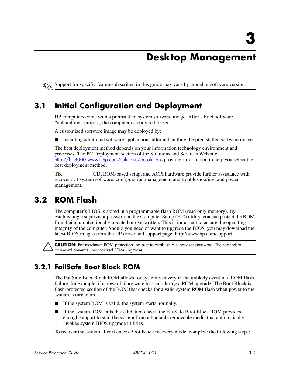 Desktop management, 1 initial configuration and deployment, 2 rom flash | 3 desktop management, Initial configuration and deployment –1, Rom flash –1 3.2.1 failsafe boot block rom –1 | HP COMPAQ DX2718 MT User Manual | Page 20 / 107