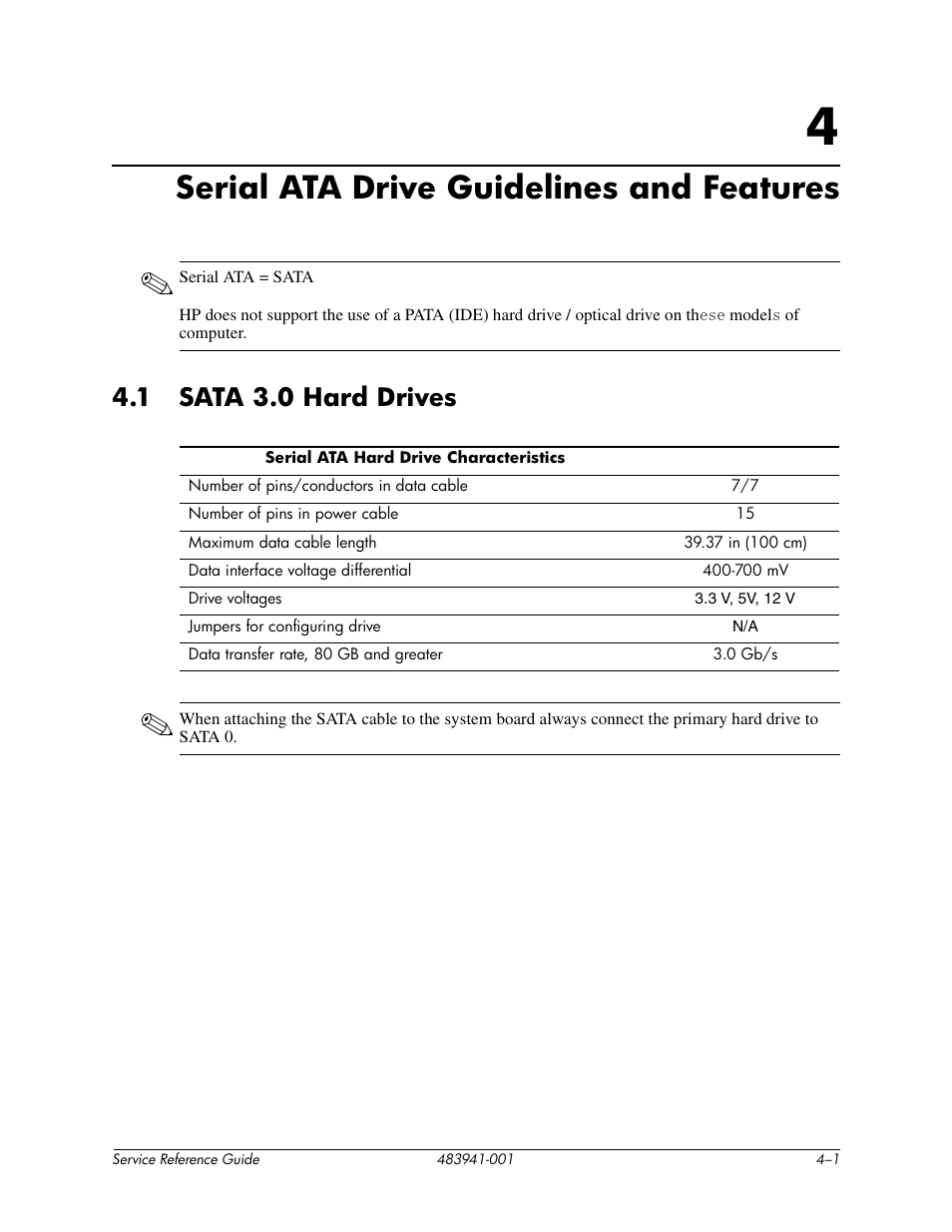 Serial ata drive guidelines and features, 1 sata 3.0 hard drives, 4 serial ata drive guidelines and features | Sata 3.0 hard drives –1 | HP COMPAQ DX2718 MT User Manual | Page 26 / 107