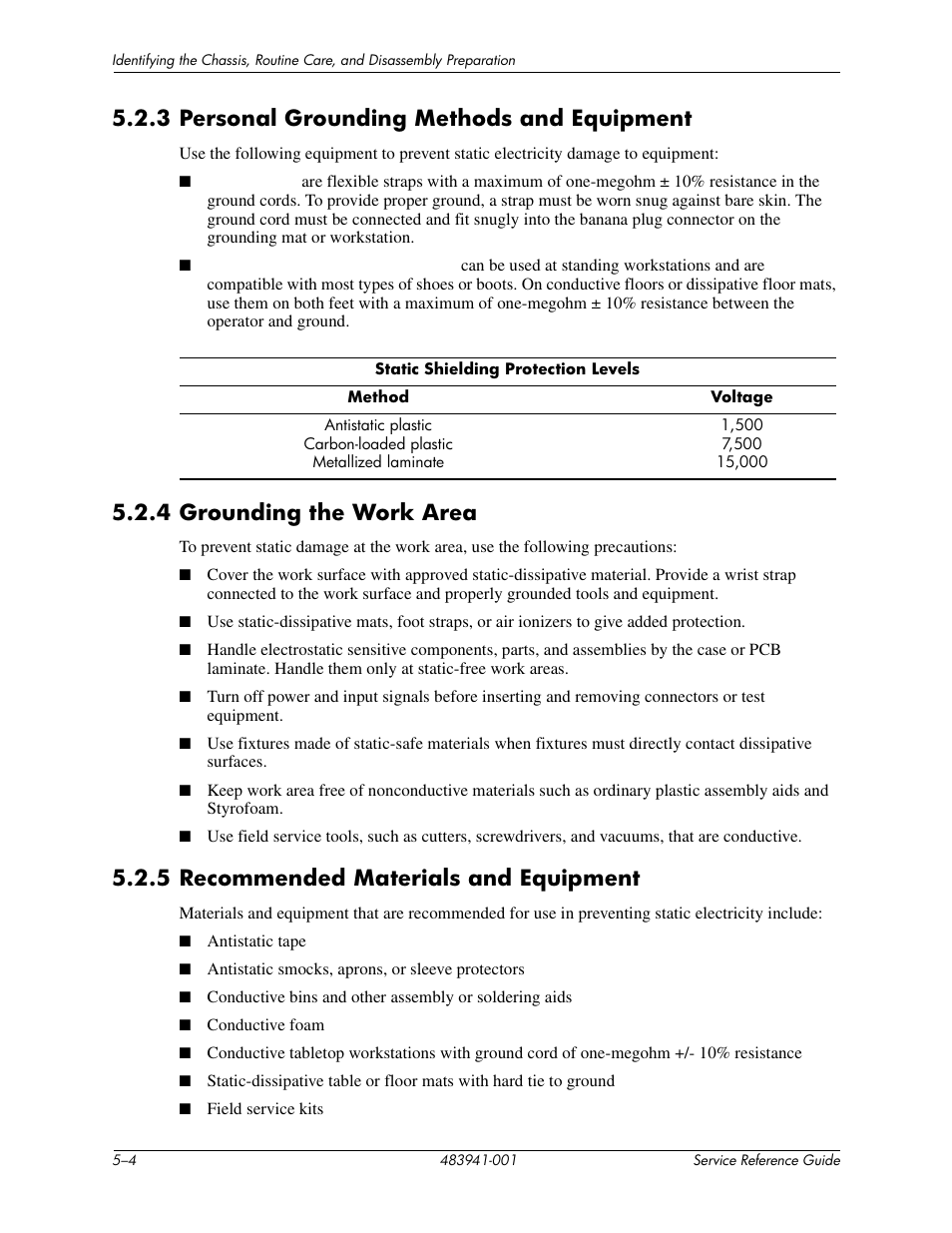 3 personal grounding methods and equipment, 4 grounding the work area, 5 recommended materials and equipment | HP COMPAQ DX2718 MT User Manual | Page 32 / 107