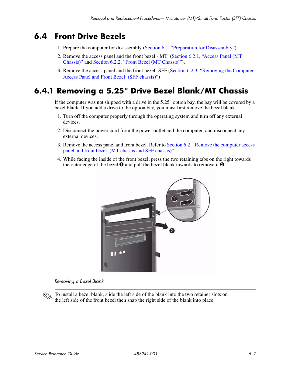 4 front drive bezels, 1 removing a 5.25" drive bezel blank/mt chassis | HP COMPAQ DX2718 MT User Manual | Page 43 / 107