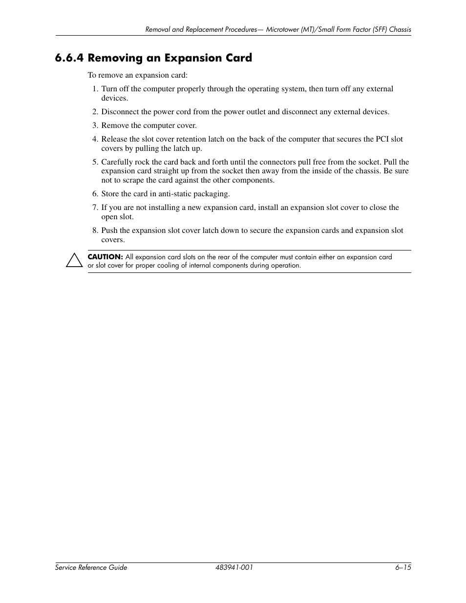 4 removing an expansion card –15, 4 removing an expansion card | HP COMPAQ DX2718 MT User Manual | Page 51 / 107