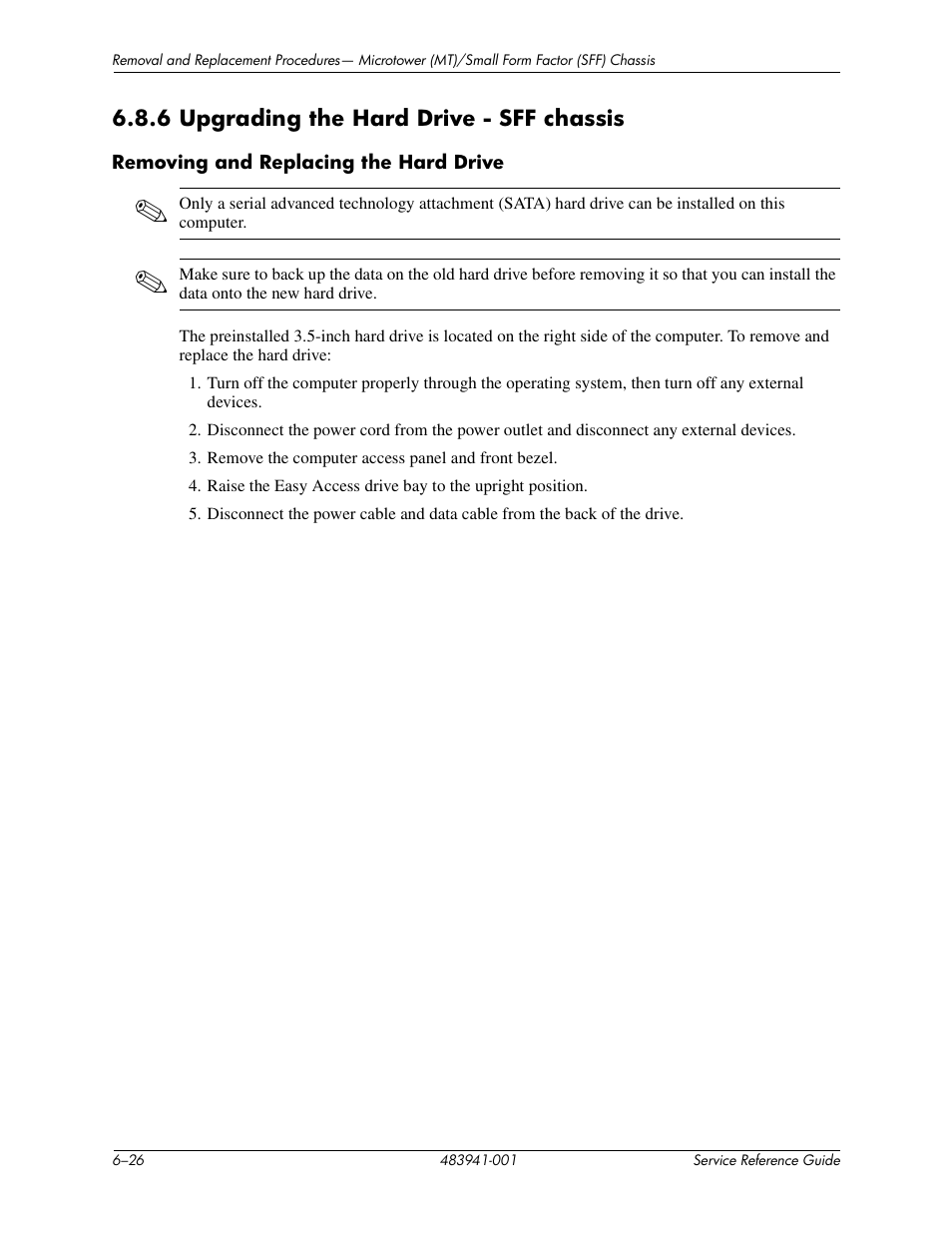 6 upgrading the hard drive - sff chassis –26 | HP COMPAQ DX2718 MT User Manual | Page 62 / 107