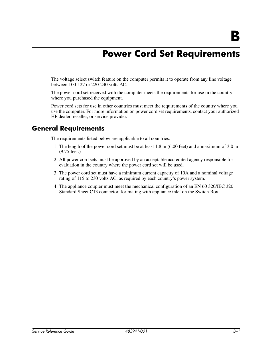 Power cord set requirements, B power cord set requirements | HP COMPAQ DX2718 MT User Manual | Page 77 / 107