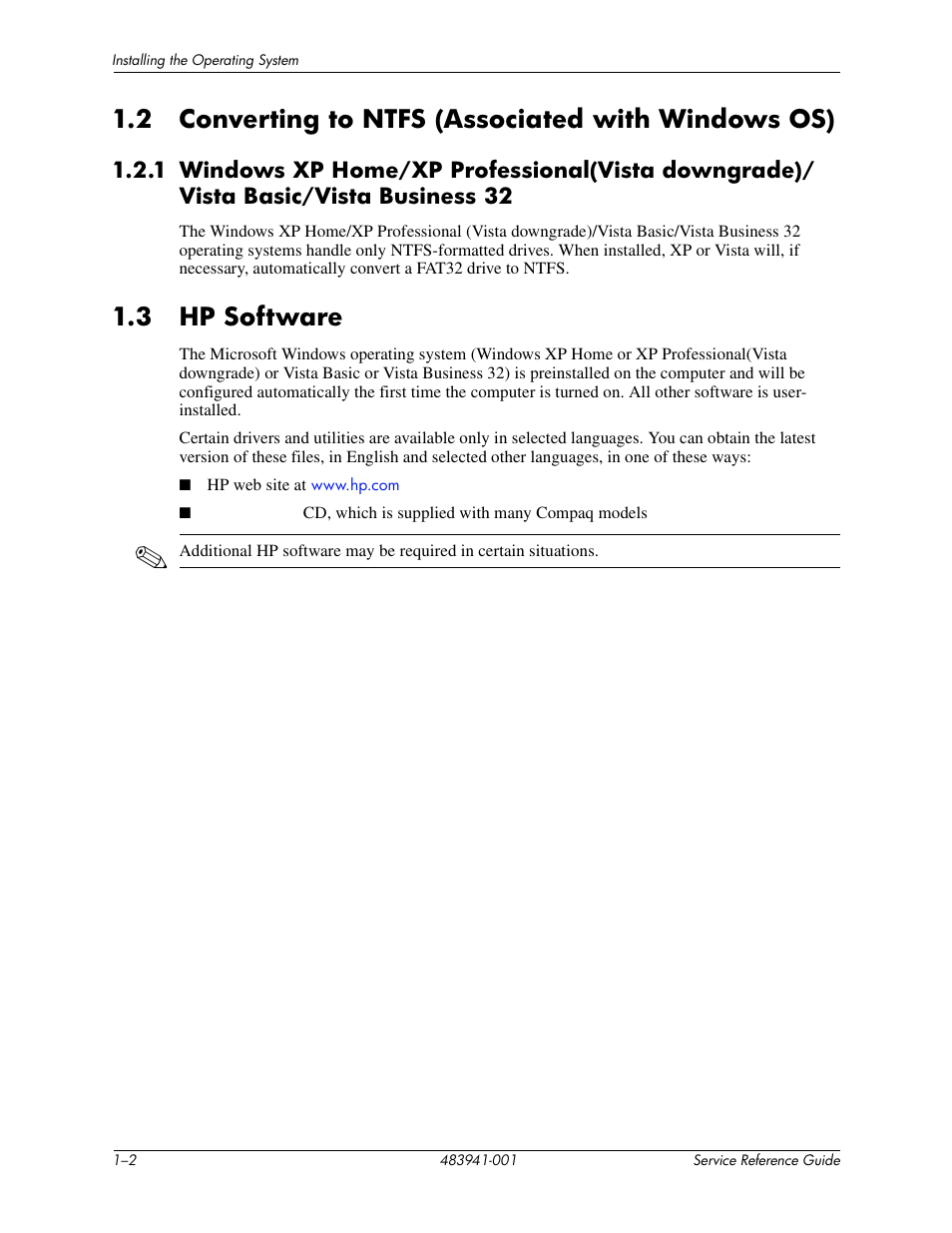 2 converting to ntfs (associated with windows os), 3 hp software, Vista basic/vista business 32 –2 | Hp software –2 | HP COMPAQ DX2718 MT User Manual | Page 8 / 107