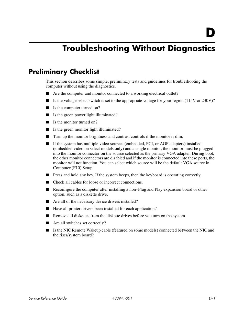 Troubleshooting without diagnostics, D troubleshooting without diagnostics, Preliminary checklist | HP COMPAQ DX2718 MT User Manual | Page 81 / 107