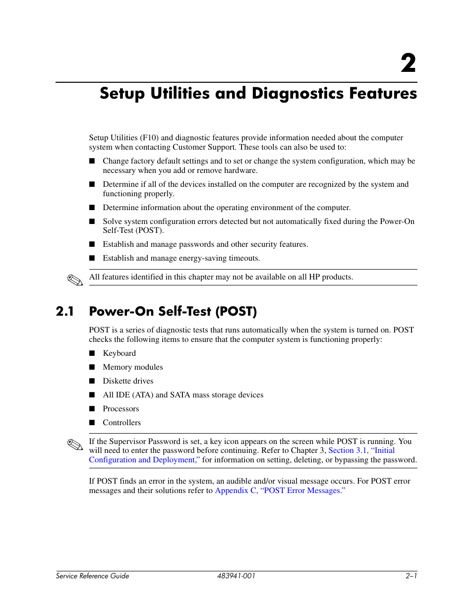 Setup utilities and diagnostics features, 1 power-on self-test (post), 2 setup utilities and diagnostics features | Power-on self-test (post) –1 | HP COMPAQ DX2718 MT User Manual | Page 9 / 107