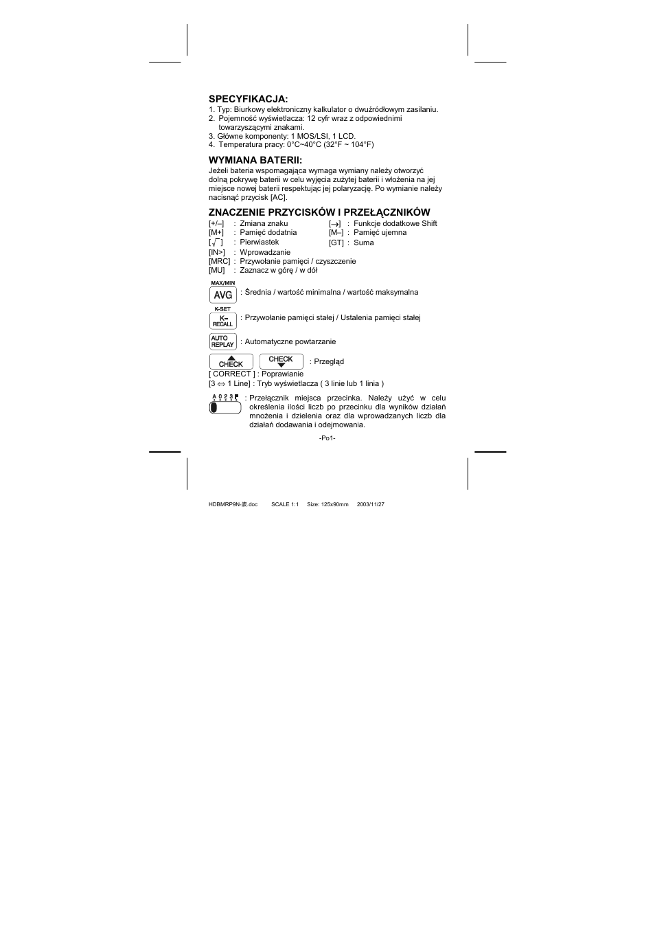 Specyfikacja, Wymiana baterii, Znaczenie przycisków i przełączników | CITIZEN CT-770II User Manual | Page 21 / 48