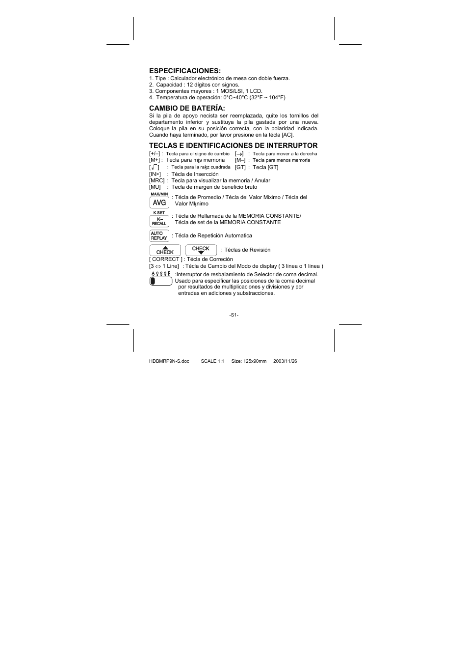 Especificaciones, Cambio de batería, Teclas e identificaciones de interruptor | CITIZEN CT-770II User Manual | Page 5 / 48