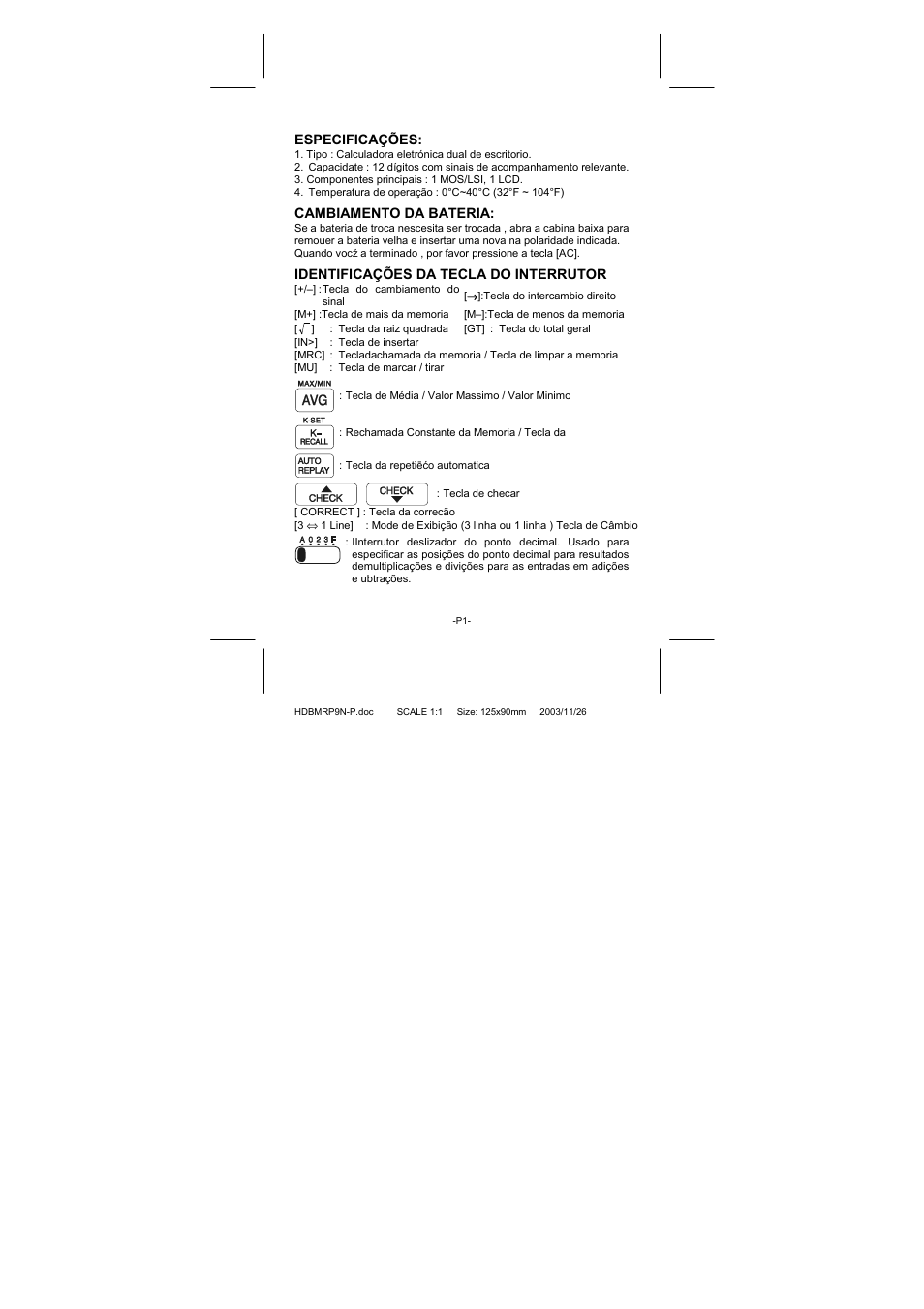 Especificações, Cambiamento da bateria, Identificações da tecla do interrutor | CITIZEN CT-770II User Manual | Page 7 / 48