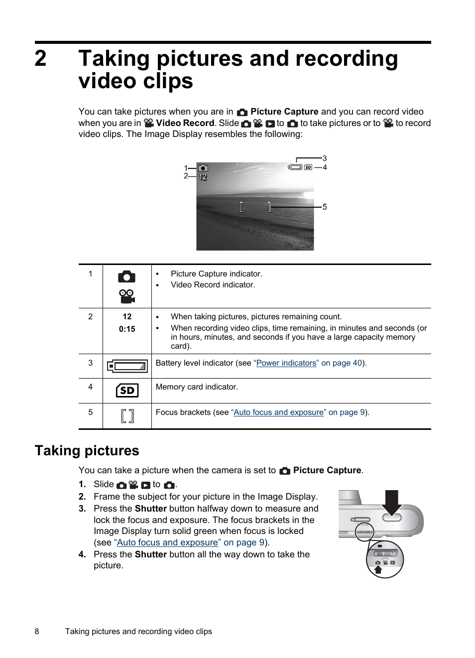 Taking pictures and recording video clips, Taking pictures, 2 taking pictures and recording video clips | 2taking pictures and recording video clips | HP M540 Series User Manual | Page 10 / 48