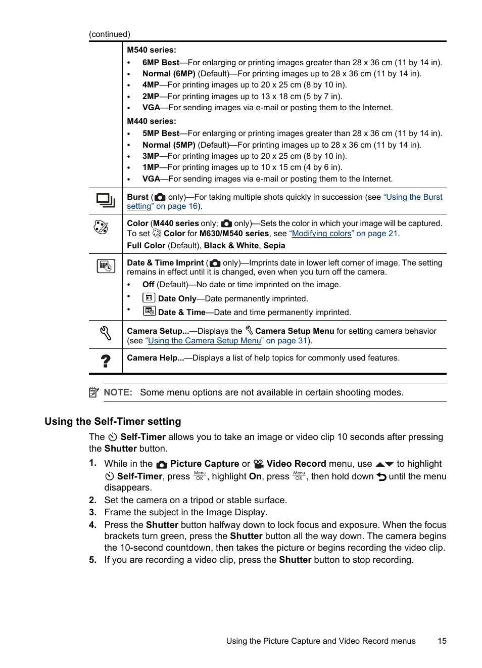 Using the self-timer setting, Imer light (see | HP M540 Series User Manual | Page 17 / 48