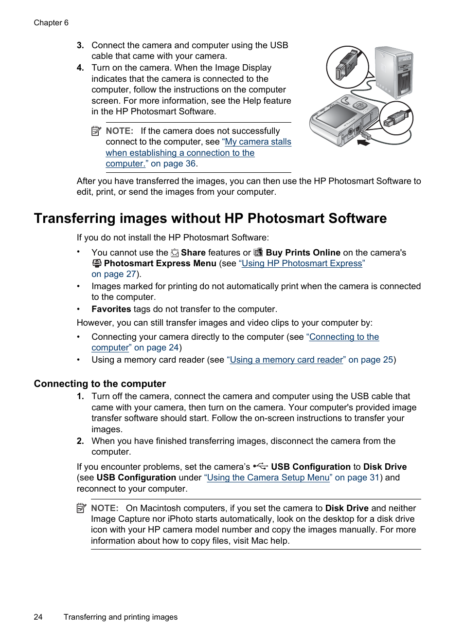 Transferring images without hp photosmart software, Connecting to the computer | HP M540 Series User Manual | Page 26 / 48