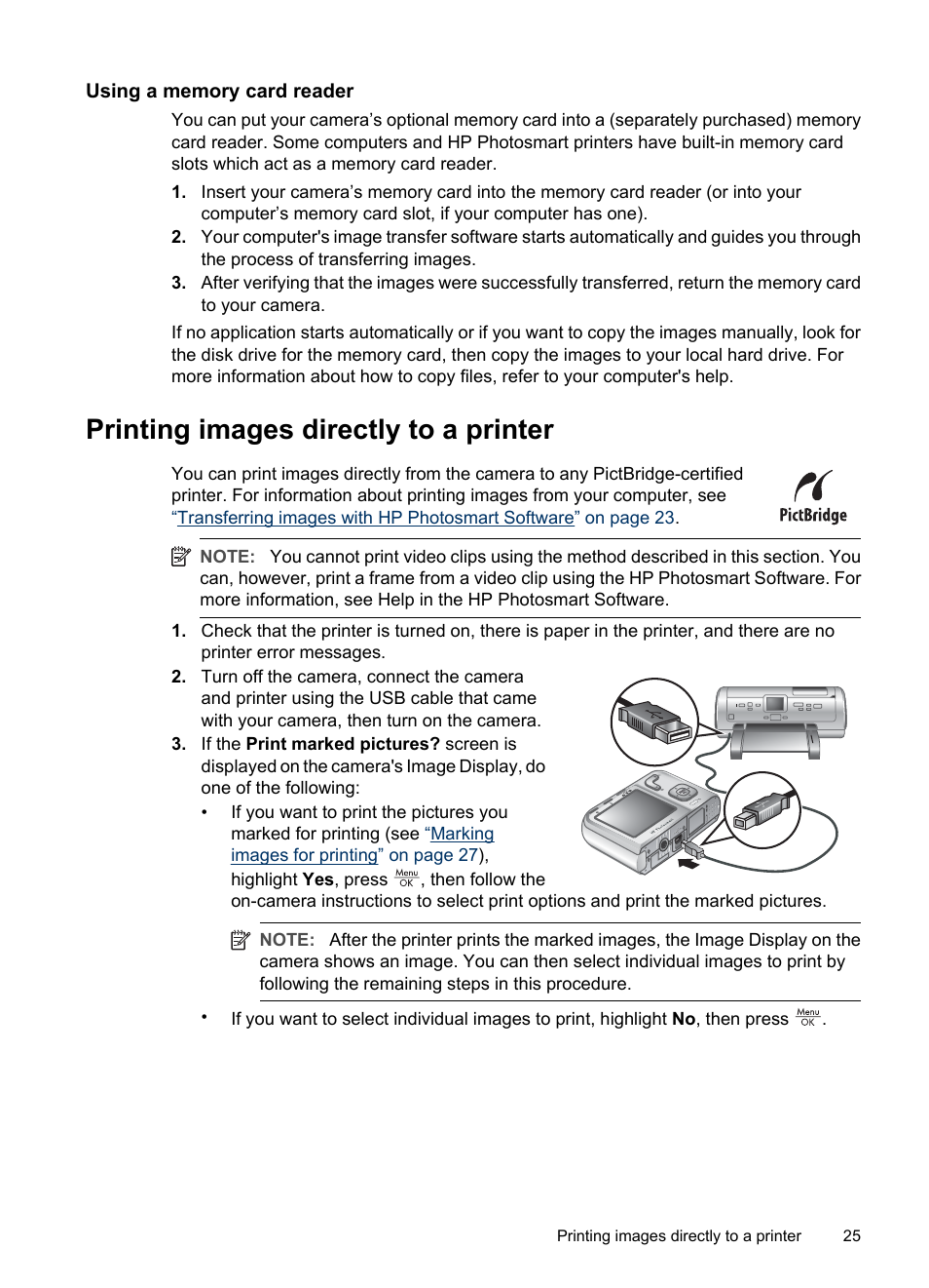 Using a memory card reader, Printing images directly to a printer | HP M540 Series User Manual | Page 27 / 48