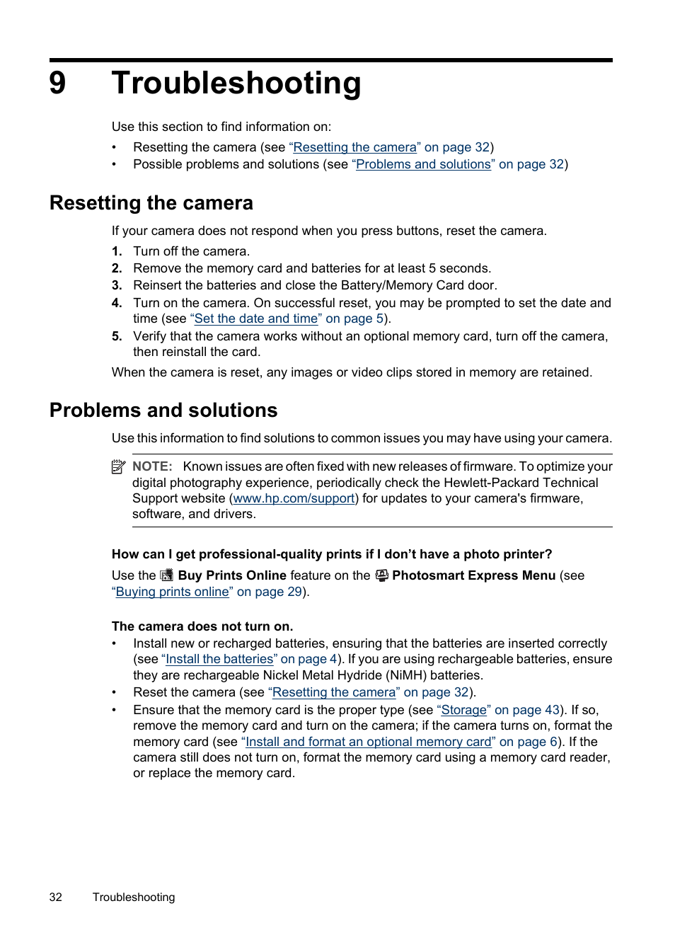 Troubleshooting, Resetting the camera, Problems and solutions | 9 troubleshooting, Resetting the camera problems and solutions, 9troubleshooting | HP M540 Series User Manual | Page 34 / 48