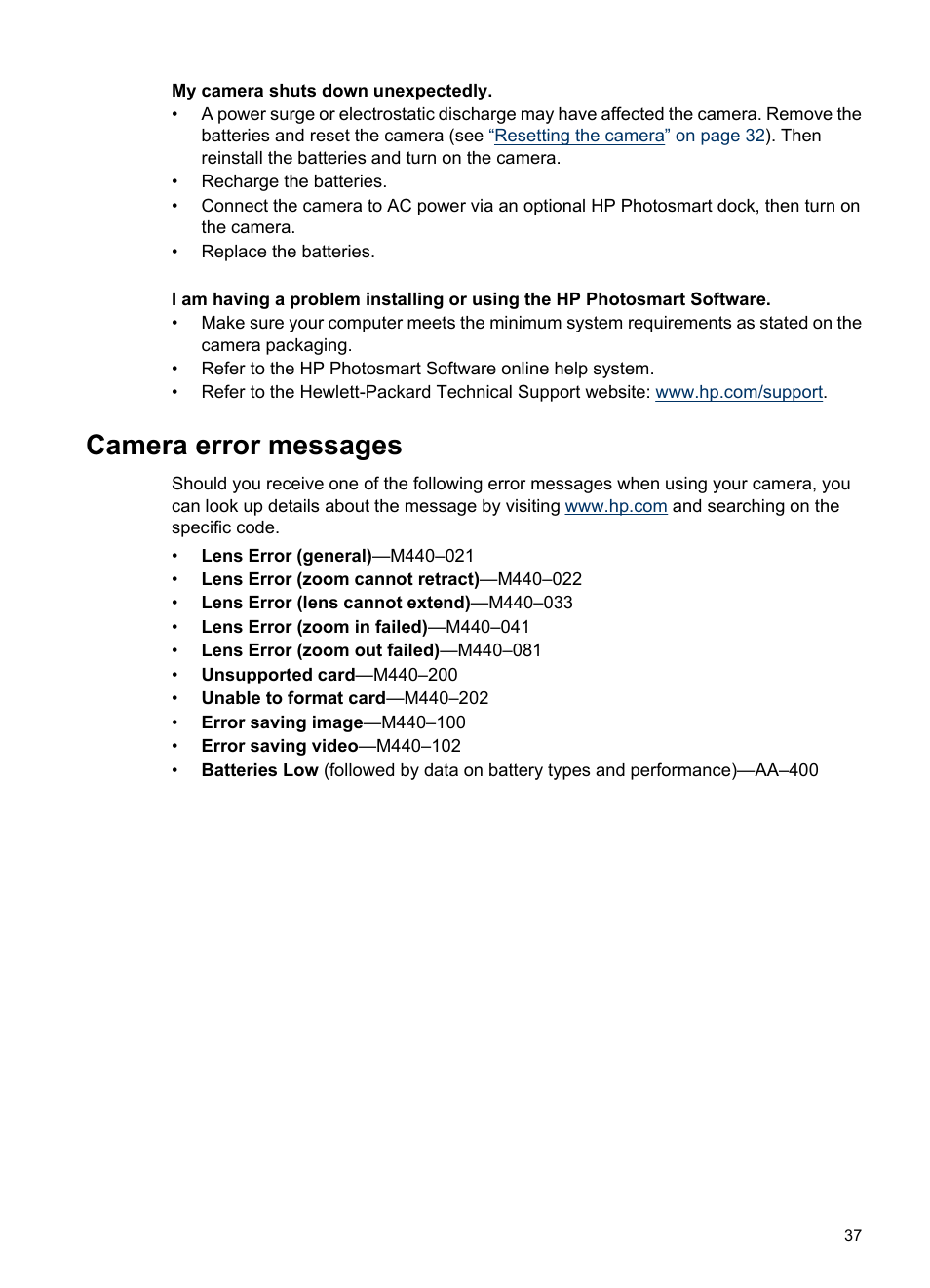 Camera error messages | HP M540 Series User Manual | Page 39 / 48