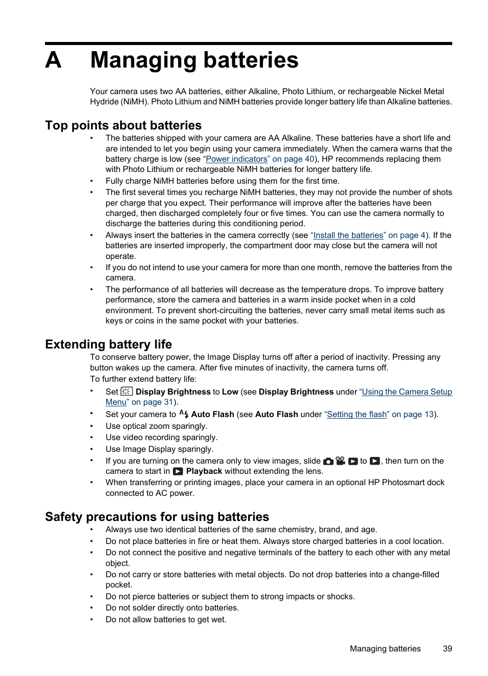 Managing batteries, Top points about batteries, Extending battery life | Safety precautions for using batteries, A managing batteries, Amanaging batteries | HP M540 Series User Manual | Page 41 / 48