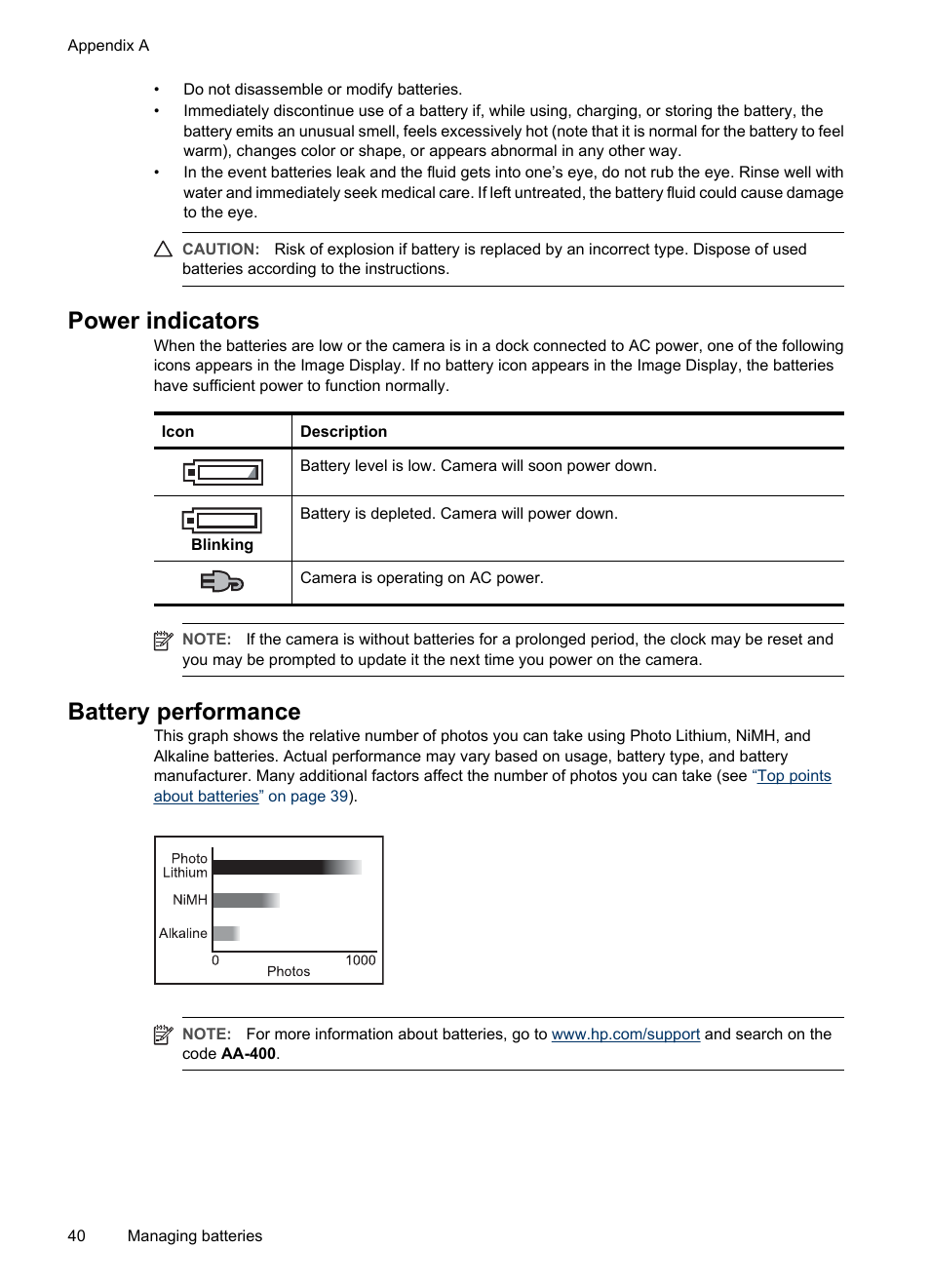 Power indicators, Battery performance, Power indicators battery performance | Hp re | HP M540 Series User Manual | Page 42 / 48