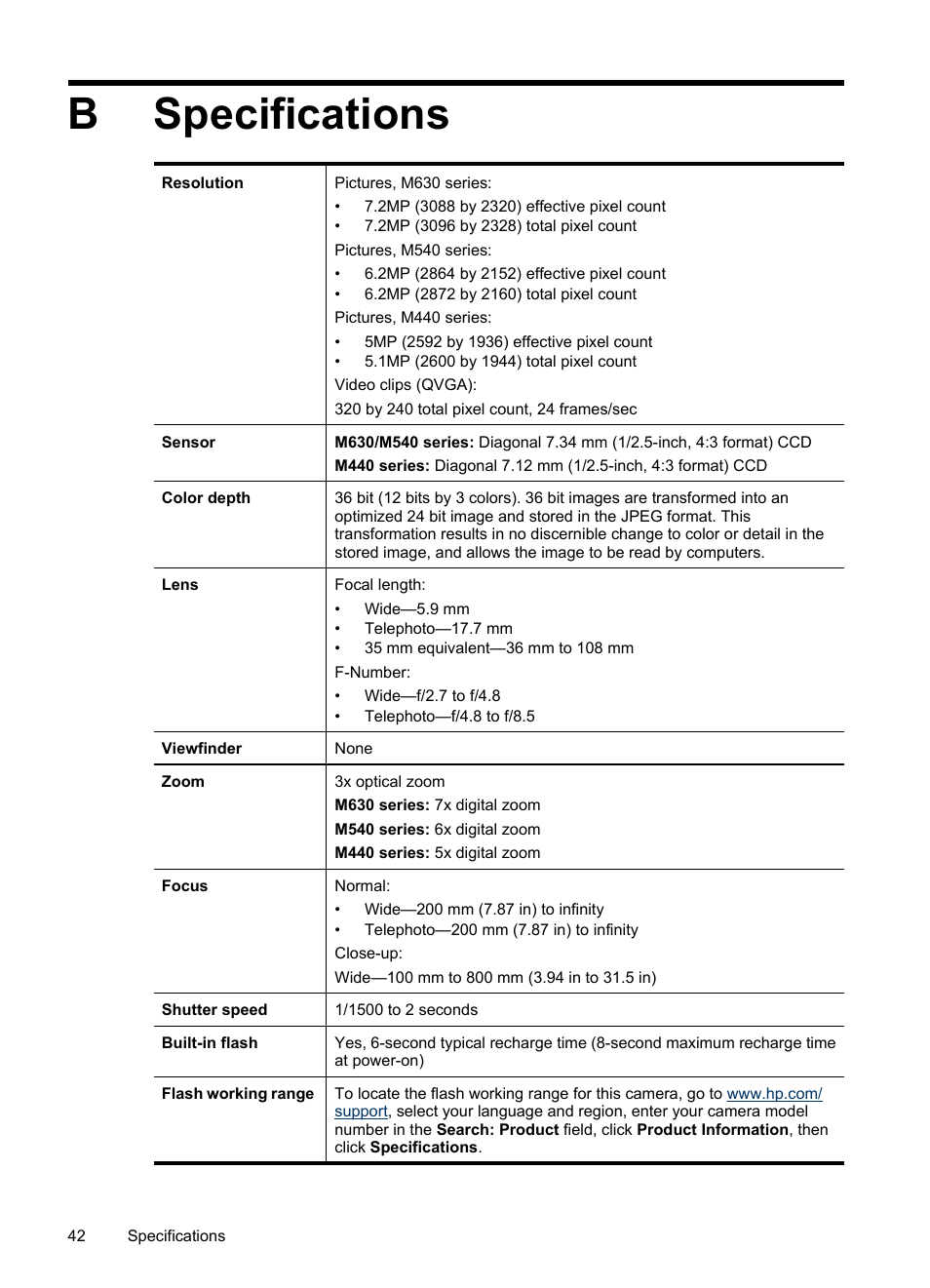 Specifications, B specifications, Bspecifications | HP M540 Series User Manual | Page 44 / 48