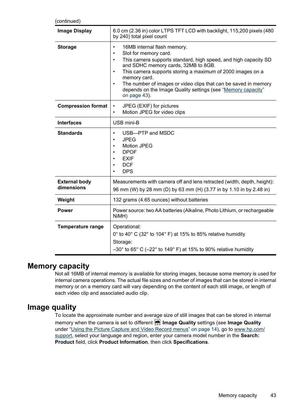 Memory capacity, Image quality, Memory capacity image quality | HP M540 Series User Manual | Page 45 / 48