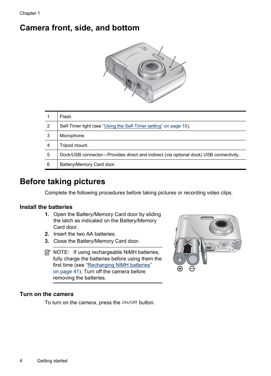 Camera front, side, and bottom, Before taking pictures, Install the batteries | Turn on the camera | HP M540 Series User Manual | Page 6 / 48