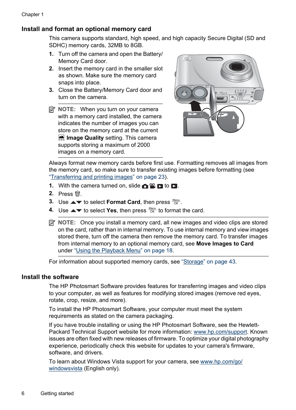 Install and format an optional memory card, Install the software | HP M540 Series User Manual | Page 8 / 48