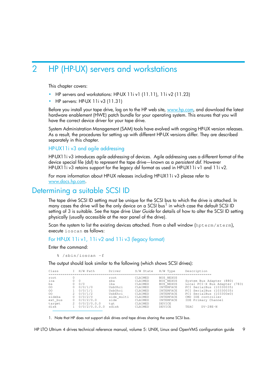 Hp (hp-ux) servers and workstations, Determining a suitable scsi id, 2 hp (hp-ux) servers and workstations | Chapter 2, 2hp (hp-ux) servers and workstations | HP LTO 4 SAS User Manual | Page 11 / 46