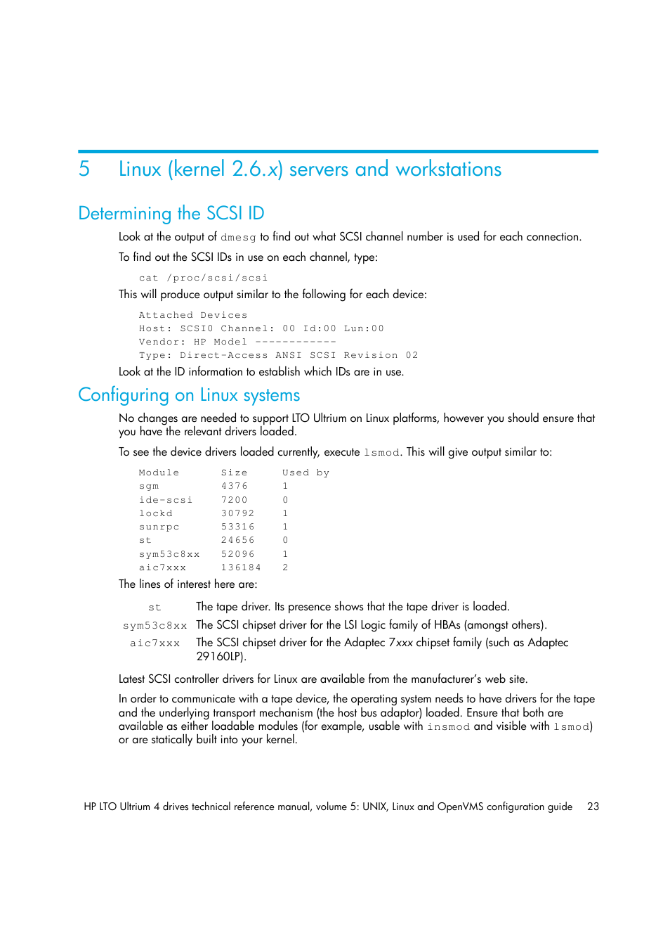 Linux (kernel 2.6.x) servers and workstations, Determining the scsi id, Configuring on linux systems | 5 linux (kernel 2.6.x) servers and workstations, Chapter 5, 5linux (kernel 2.6. x ) servers and workstations | HP LTO 4 SAS User Manual | Page 25 / 46