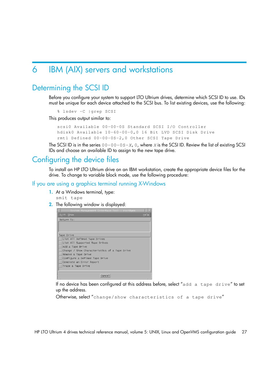 Ibm (aix) servers and workstations, Determining the scsi id, Configuring the device files | 6 ibm (aix) servers and workstations, Chapter 6, 6ibm (aix) servers and workstations | HP LTO 4 SAS User Manual | Page 29 / 46