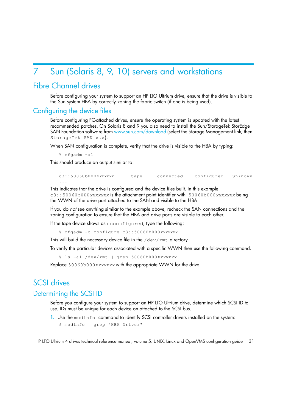 Sun (solaris 8, 9, 10) servers and workstations, Fibre channel drives, Configuring the device files | Scsi drives, Determining the scsi id, 7 sun (solaris 8, 9, 10) servers and workstations, Chapter 7 | HP LTO 4 SAS User Manual | Page 33 / 46