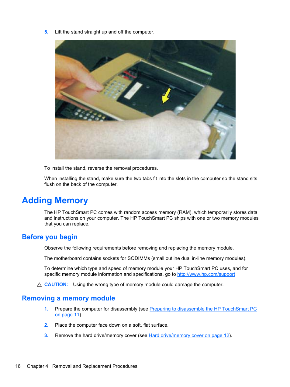 Adding memory, Before you begin, Removing a memory module | Before you begin removing a memory module | HP TOUCHSMART 9100 User Manual | Page 22 / 62