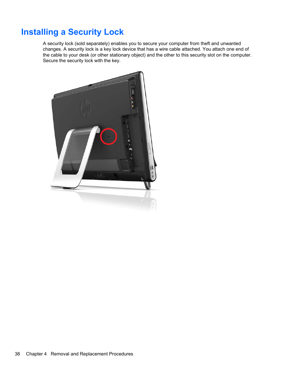 Installing a security lock | HP TOUCHSMART 9100 User Manual | Page 44 / 62