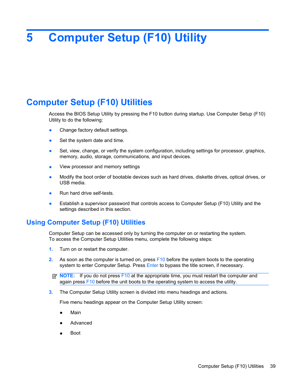 Computer setup (f10) utility, Computer setup (f10) utilities, Using computer setup (f10) utilities | 5 computer setup (f10) utility, 5computer setup (f10) utility | HP TOUCHSMART 9100 User Manual | Page 45 / 62