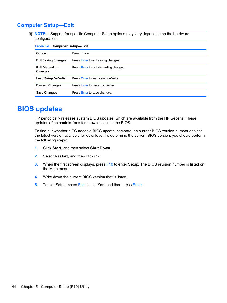 Computer setup—exit, Bios updates | HP TOUCHSMART 9100 User Manual | Page 50 / 62
