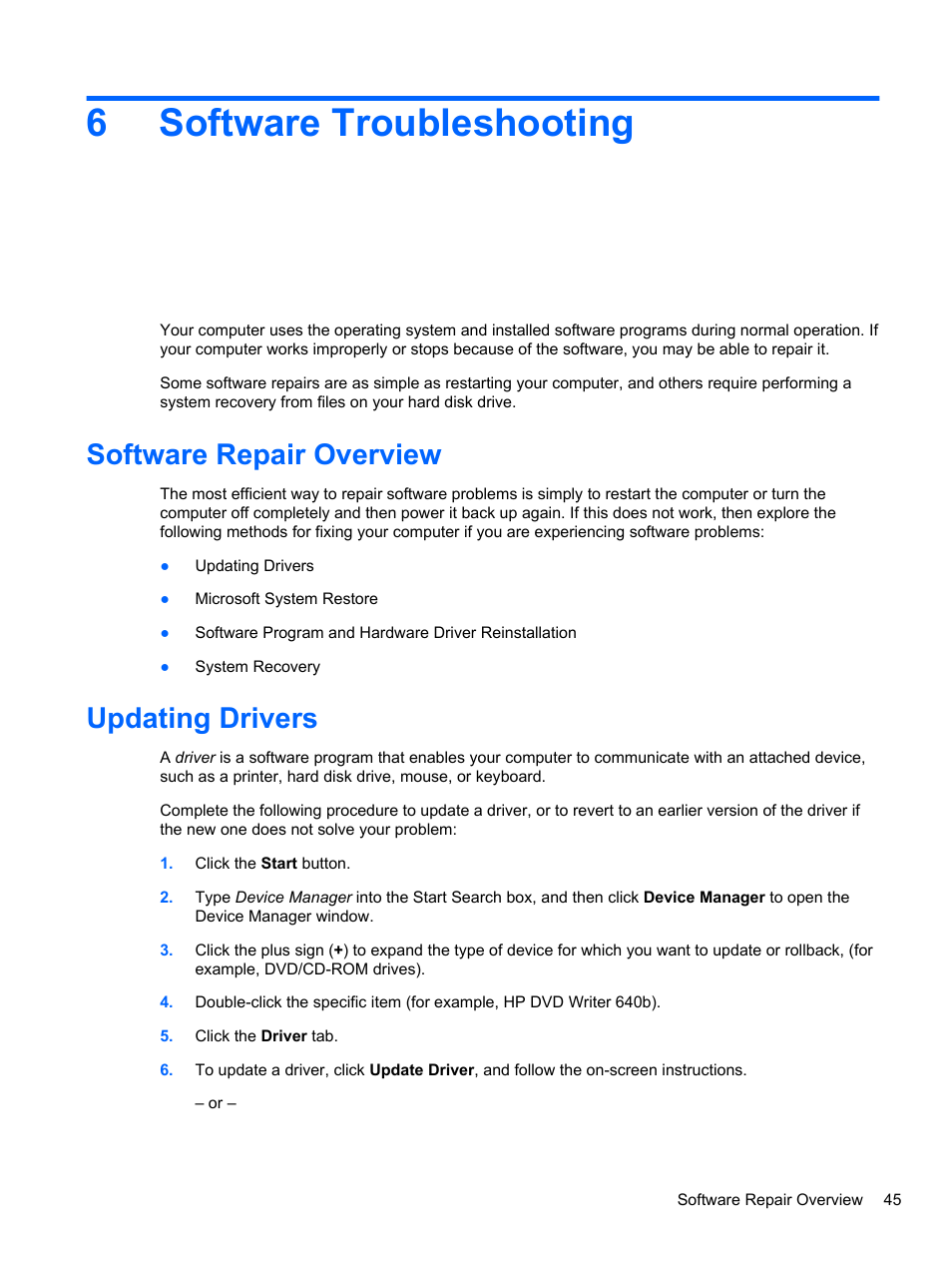 Software troubleshooting, Software repair overview, Updating drivers | 6 software troubleshooting, Software repair overview updating drivers, 6software troubleshooting | HP TOUCHSMART 9100 User Manual | Page 51 / 62
