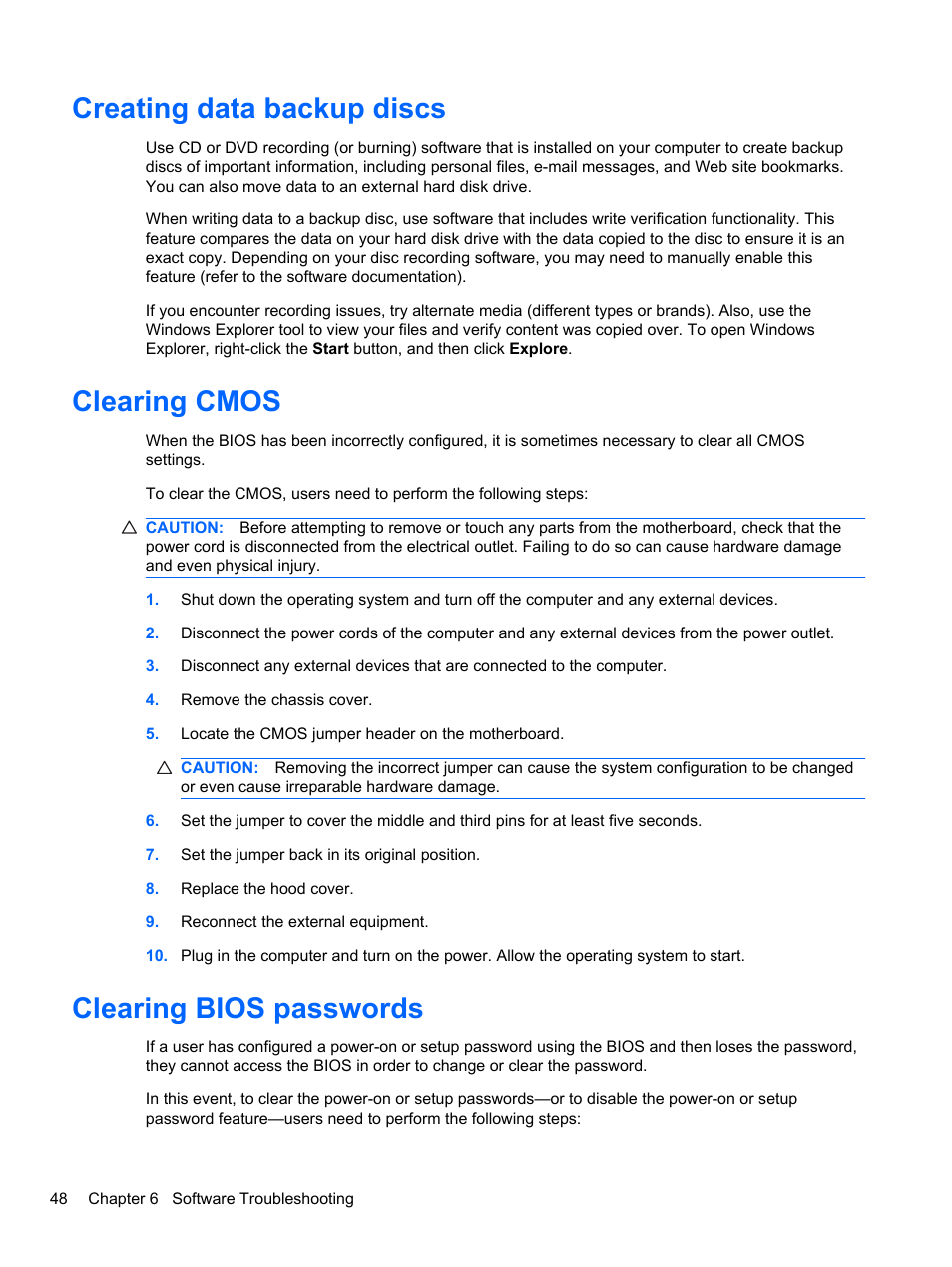 Creating data backup discs, Clearing cmos, Clearing bios passwords | HP TOUCHSMART 9100 User Manual | Page 54 / 62