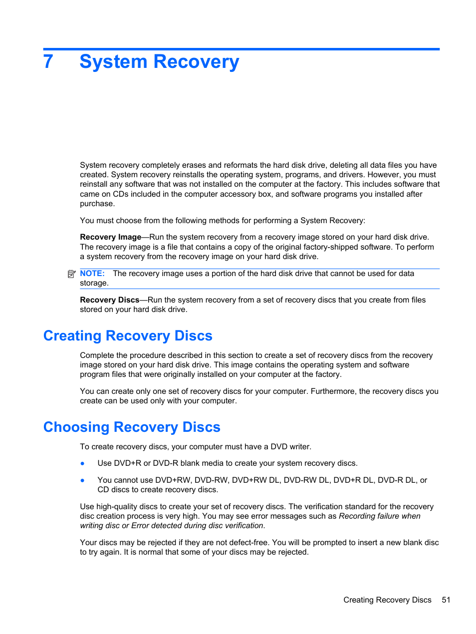 System recovery, Creating recovery discs, Choosing recovery discs | 7 system recovery, Creating recovery discs choosing recovery discs, 7system recovery | HP TOUCHSMART 9100 User Manual | Page 57 / 62