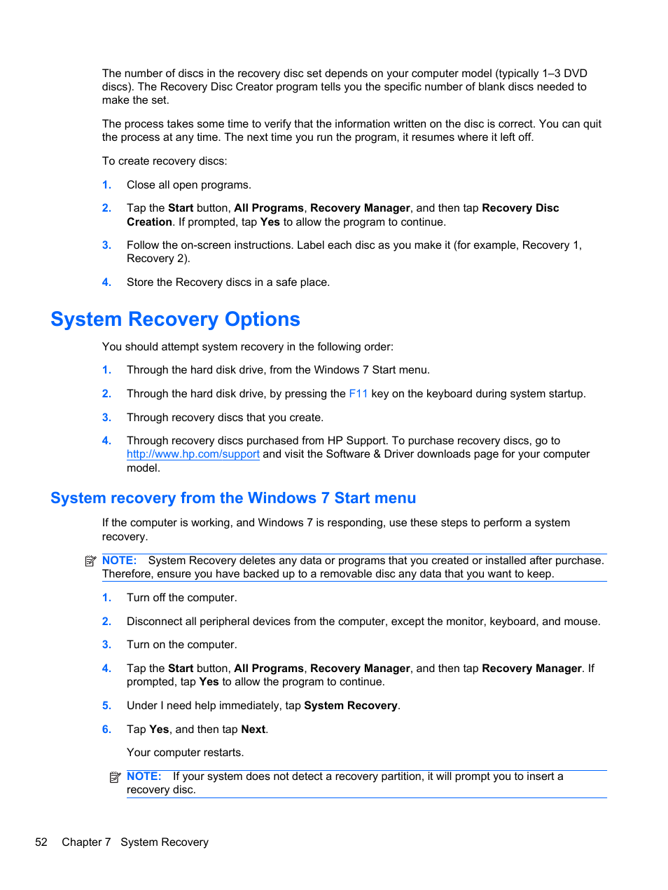 System recovery options, System recovery from the windows 7 start menu | HP TOUCHSMART 9100 User Manual | Page 58 / 62