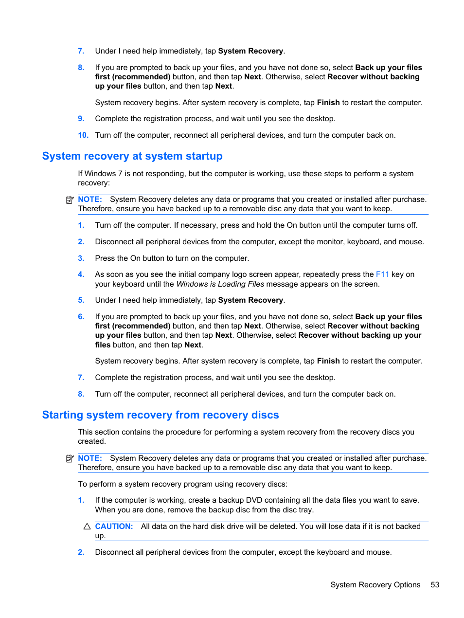 System recovery at system startup, Starting system recovery from recovery discs | HP TOUCHSMART 9100 User Manual | Page 59 / 62