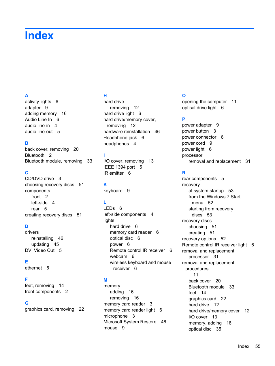 Index | HP TOUCHSMART 9100 User Manual | Page 61 / 62