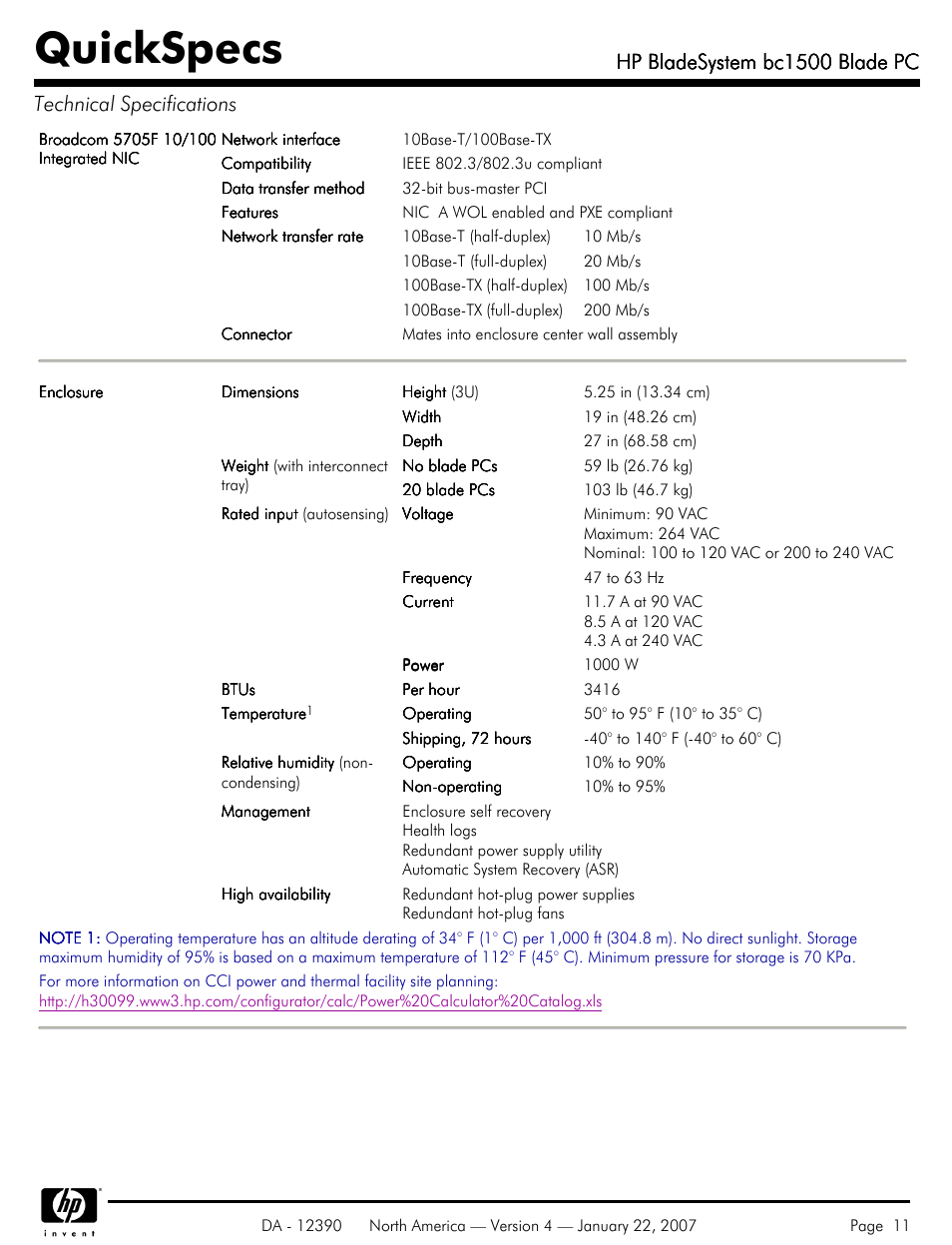 Quickspecs, Hp bladesystem bc1500 blade pc | HP BC1500 User Manual | Page 11 / 13