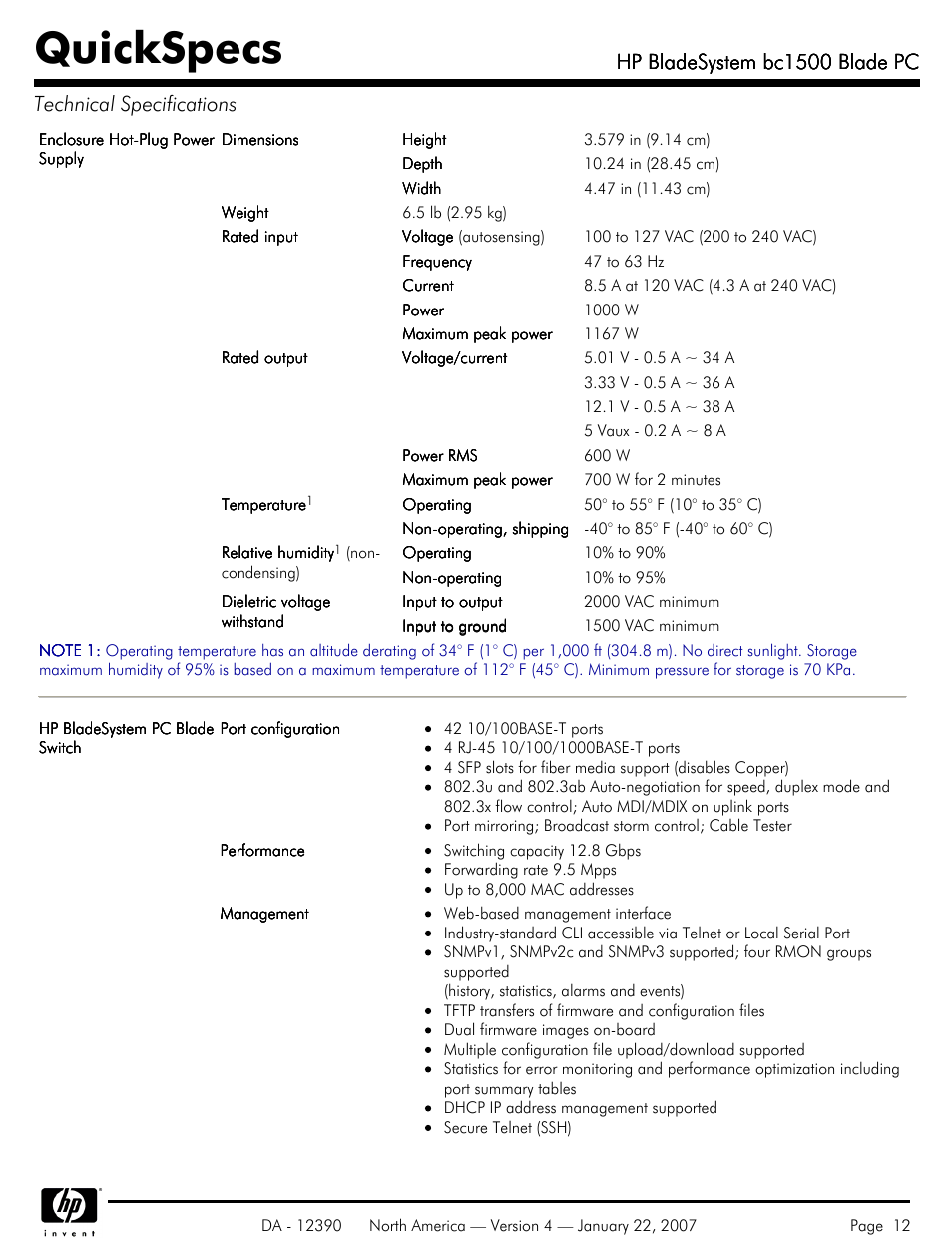Quickspecs, Hp bladesystem bc1500 blade pc | HP BC1500 User Manual | Page 12 / 13